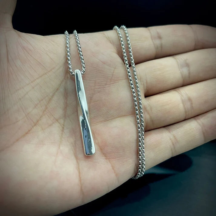 Silver Twisted Vertical Bar Pendant Necklace for Men Women.