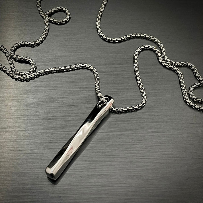 Silver Twisted Vertical Bar Pendant Necklace for Men Women.