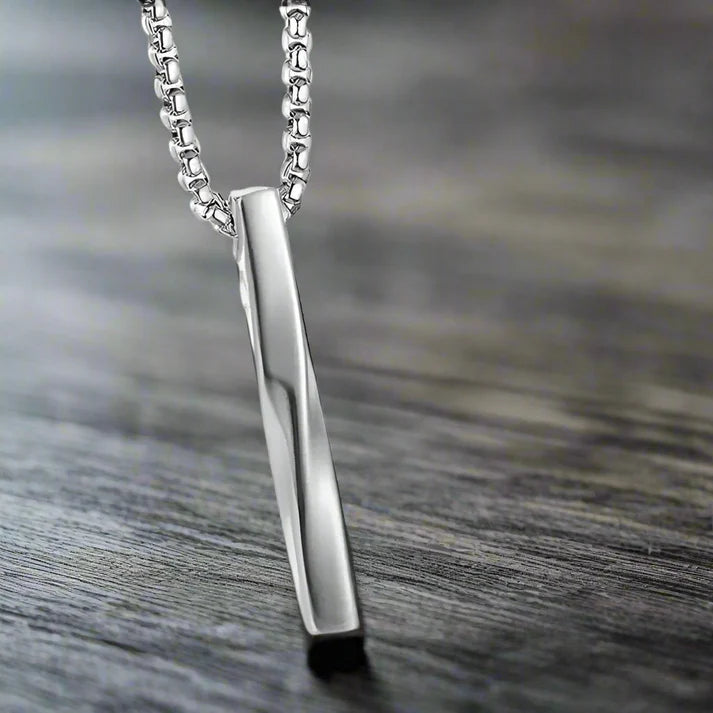 Silver Twisted Vertical Bar Pendant Necklace for Men Women.